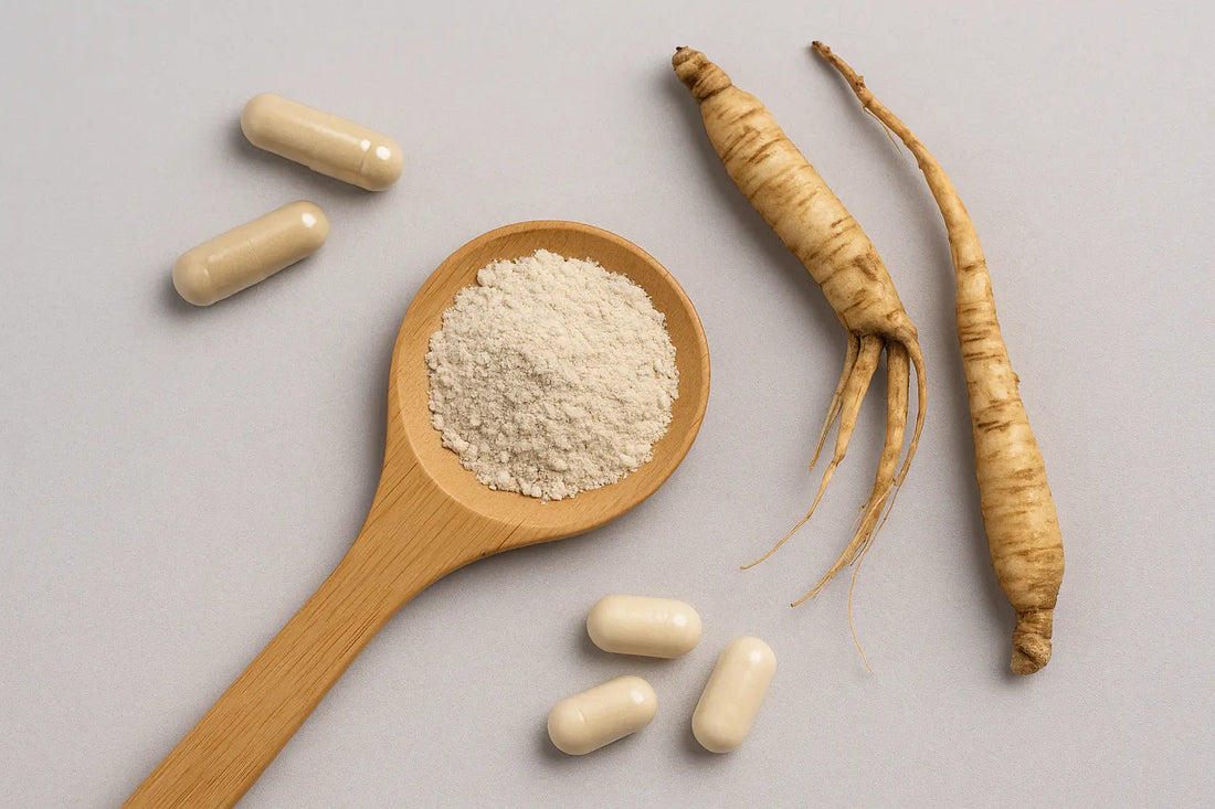AstraGin supplement ingredients with Astragalus roots, ginseng, powder, and capsules on neutral background.