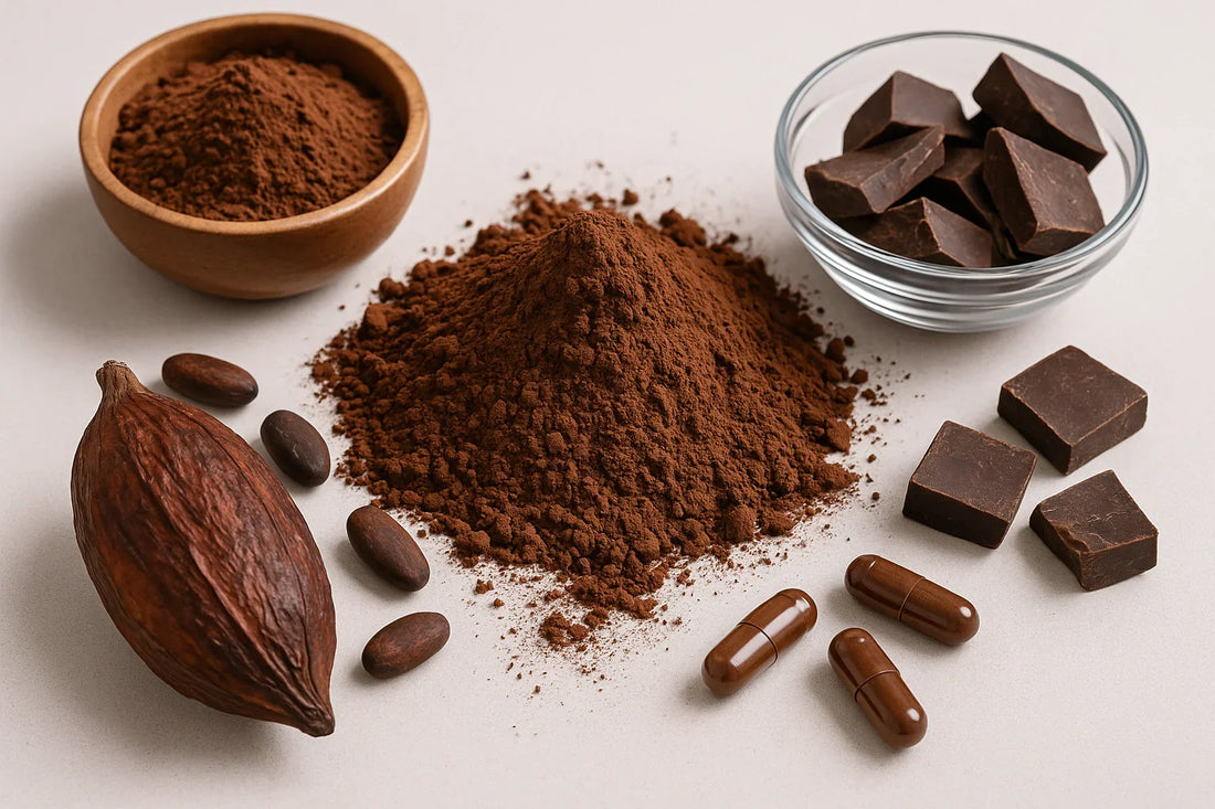 Cocoa powder with beans, chocolate chunks, and supplement capsules on a neutral background.