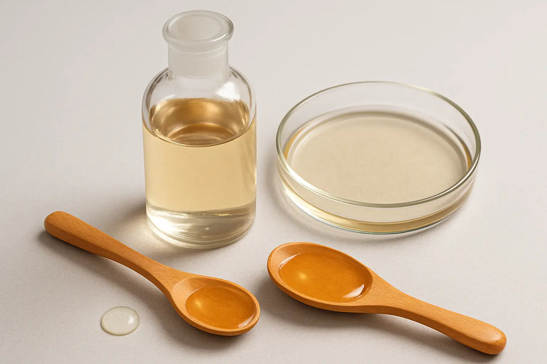 Glycerine in glass container and petri dish with glossy texture.