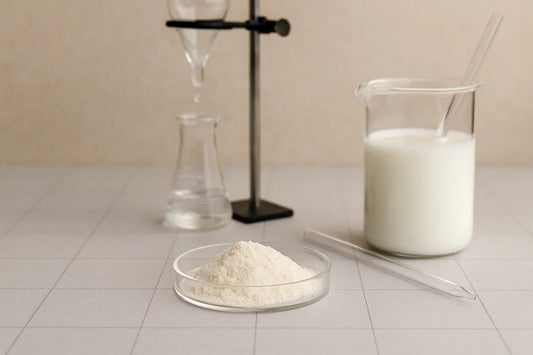 Calcium caseinate powder in a glass petri dish with beaker of milk, glass stirring rod and a drip funnel releasing a droplet in a neutral lab scene – Ingredients & Science | Maxine’s Burn Malaysia