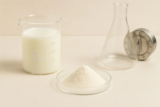 Micellar casein powder in a glass petri dish with a beaker of milk, lab flask and timer on a neutral science backdrop – Ingredients & Science | Maxine’s Burn Malaysia