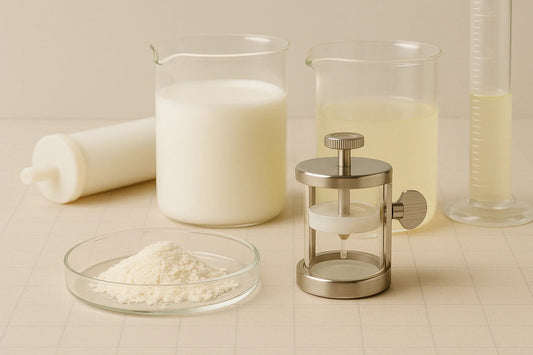 Milk protein concentrate powder in a glass petri dish with opaque milk (retentate), pale permeate, and a membrane filter press in a neutral lab scene – Ingredients & Science | Maxine’s Burn Malaysia