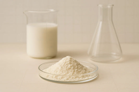 Whey protein concentrate in a glass petri dish with beaker and lab flask on a neutral science backdrop – Ingredients & Science | Maxine’s Burn Malaysia