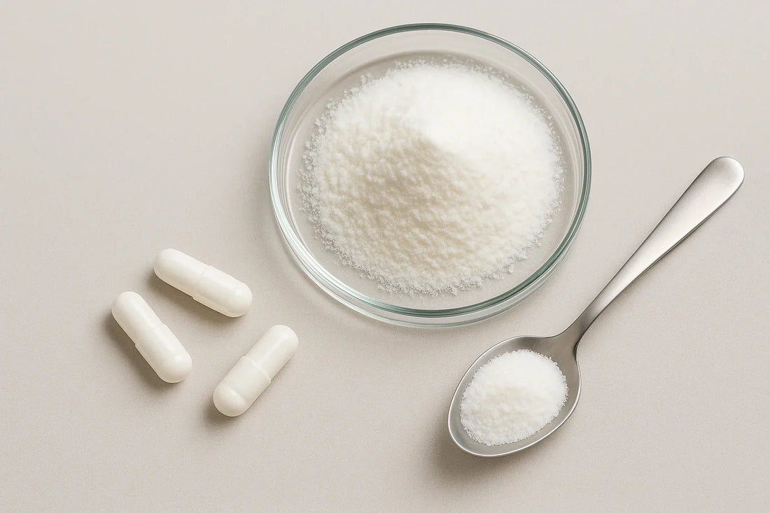 Inositol supplement powder and capsules in glass dish with spoon.