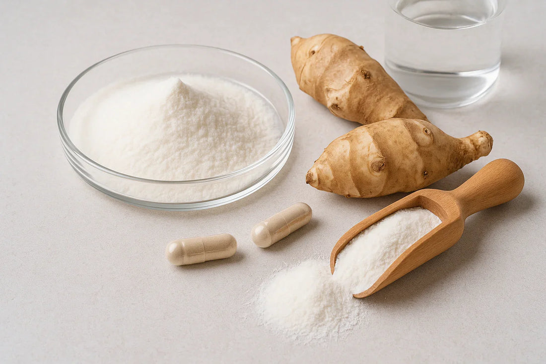 Inulin powder in a glass dish with chicory roots and capsules on a neutral background.
