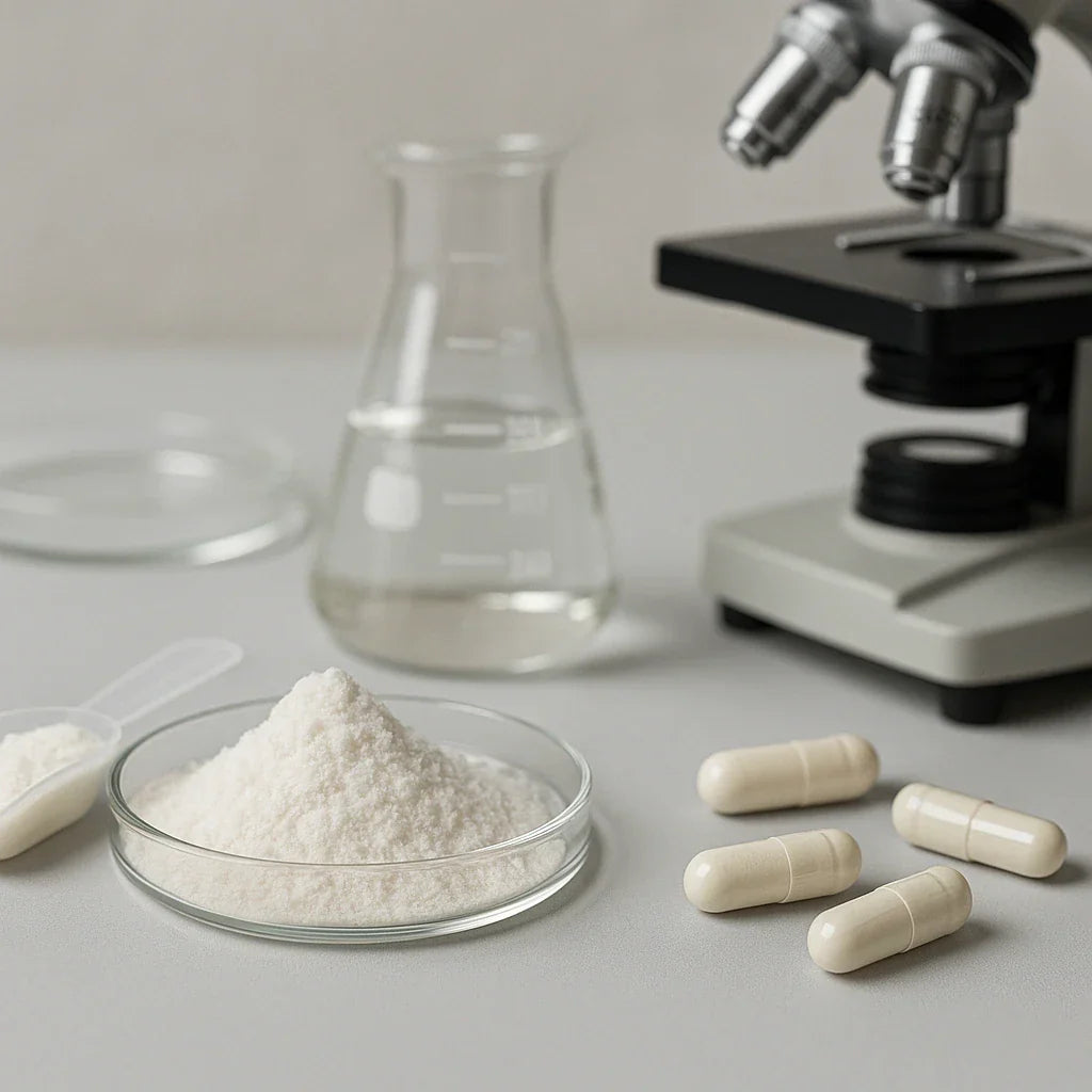 High-resolution photograph of L-Isoleucine (Essential BCAA) in powder and capsule form on a laboratory bench with beaker and microscope.