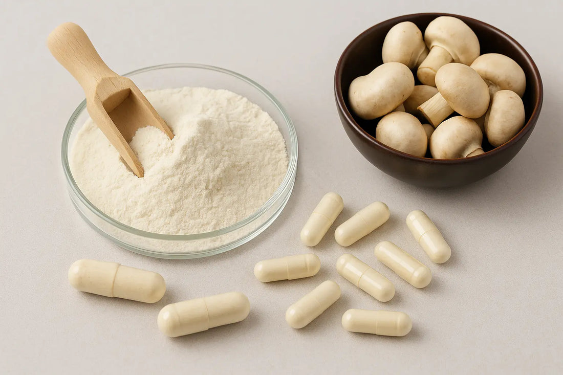 L-Tryptophan supplement with natural sources like mushrooms, powder, and capsules on a neutral surface.