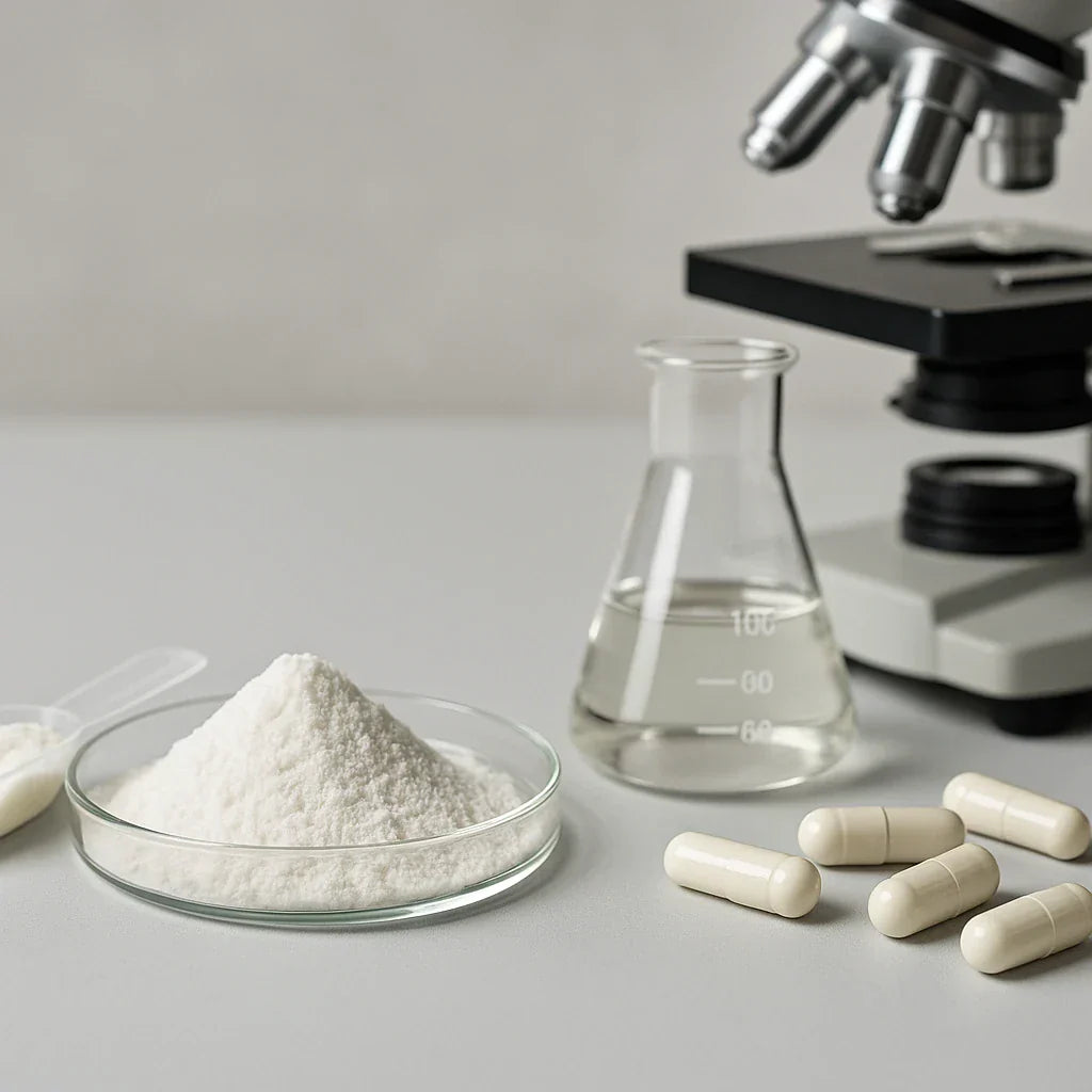 L-Valine (Essential BCAA) in powder and capsule form on a laboratory bench with glassware and microscope.