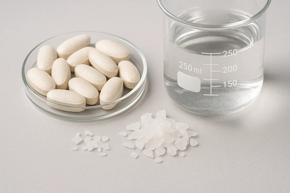Magnesium supplement in a laboratory setting with powder, metallic flakes, and a beaker of dissolved solution under bright scientific lighting.