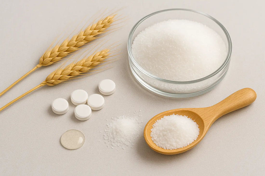 Maltitol sweetener in crystalline and powdered form displayed in glass and wooden dishes.