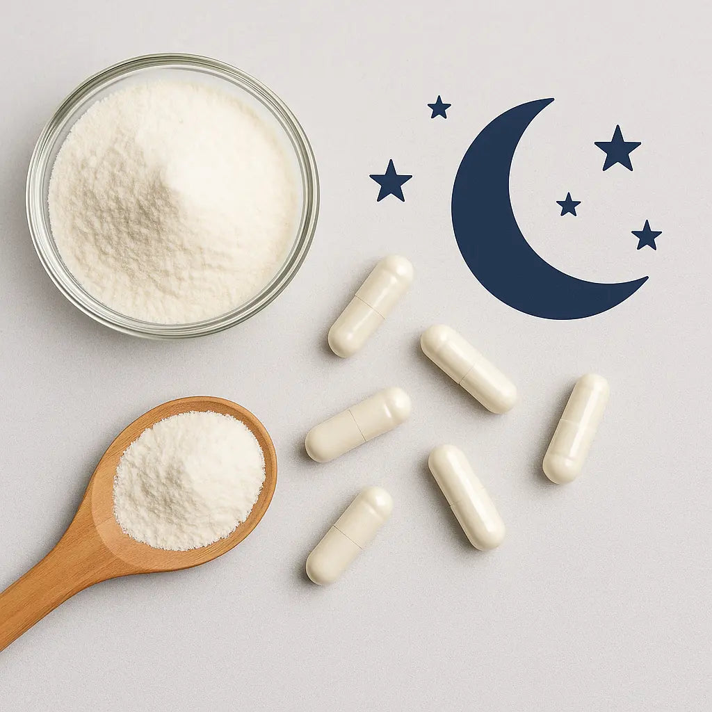 Melatonin supplement capsules and powder with moon and stars illustration.