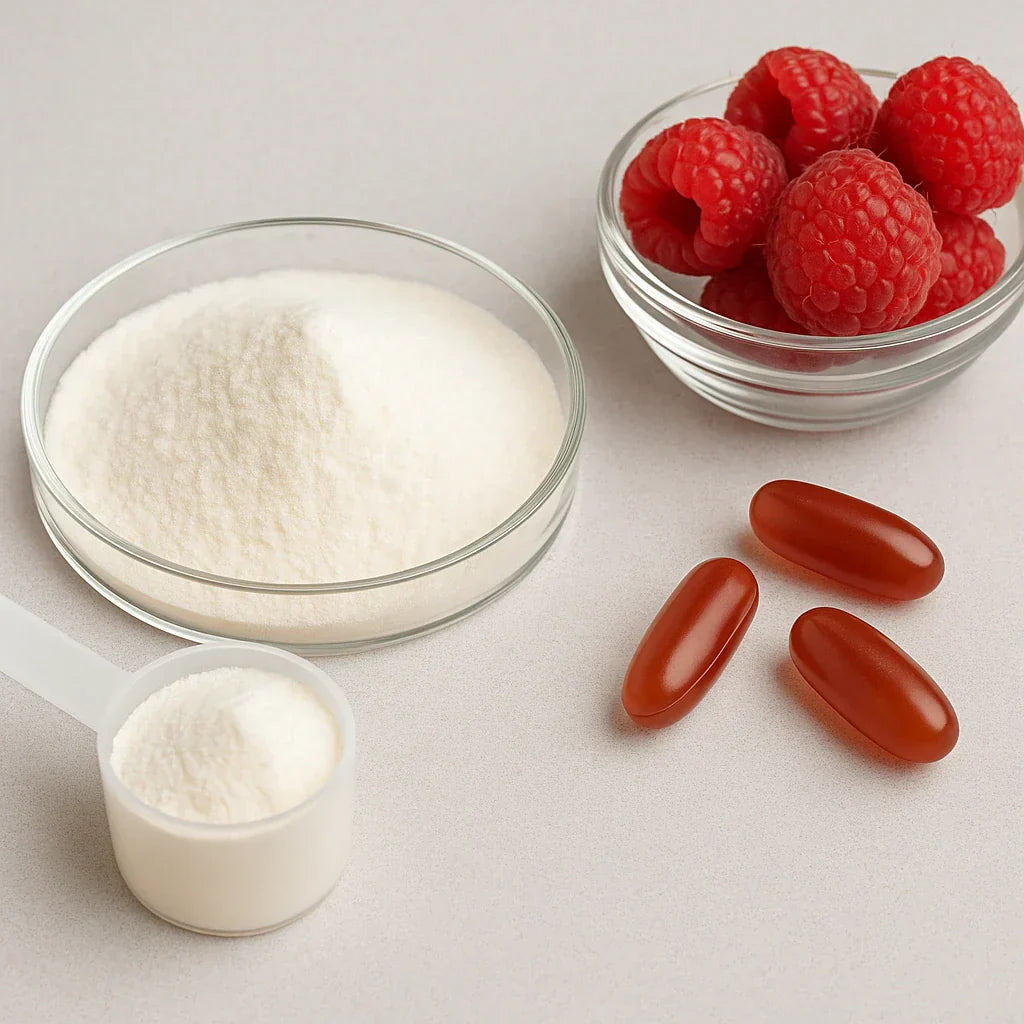 Raspberry Ketones powder in petri dish with scoop, fresh raspberries, and supplement capsules on neutral lab surface.