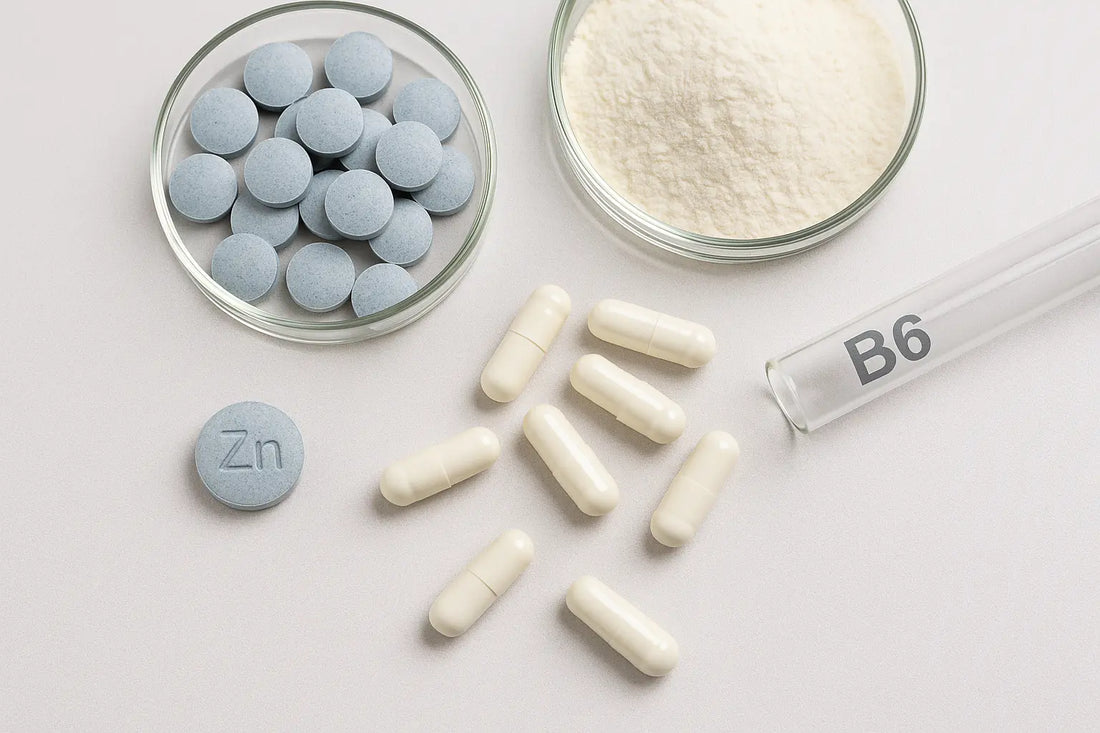 High-resolution laboratory photograph of zinc tablets with metallic sheen and Vitamin B6 yellow capsules in glassware under bright scientific lighting.