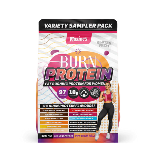 Maxine's Burn Protein Variety Sampler Pack – 12 x 25g Sachets featuring 9 flavors, gluten-free, high protein, and low-calorie fat-burning formula for women.