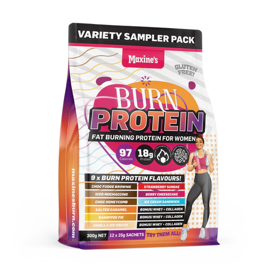 Maxine's Burn Protein Variety Sampler Pack – Fat-burning protein for women, high-protein, gluten-free, with 9 delicious flavors in a convenient variety pack.
