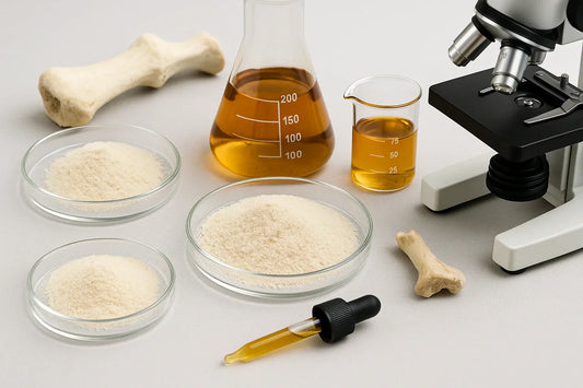 Laboratory setup with bone broth collagen II powder in petri dishes, bone fragments, amber liquid in glassware, and a microscope.