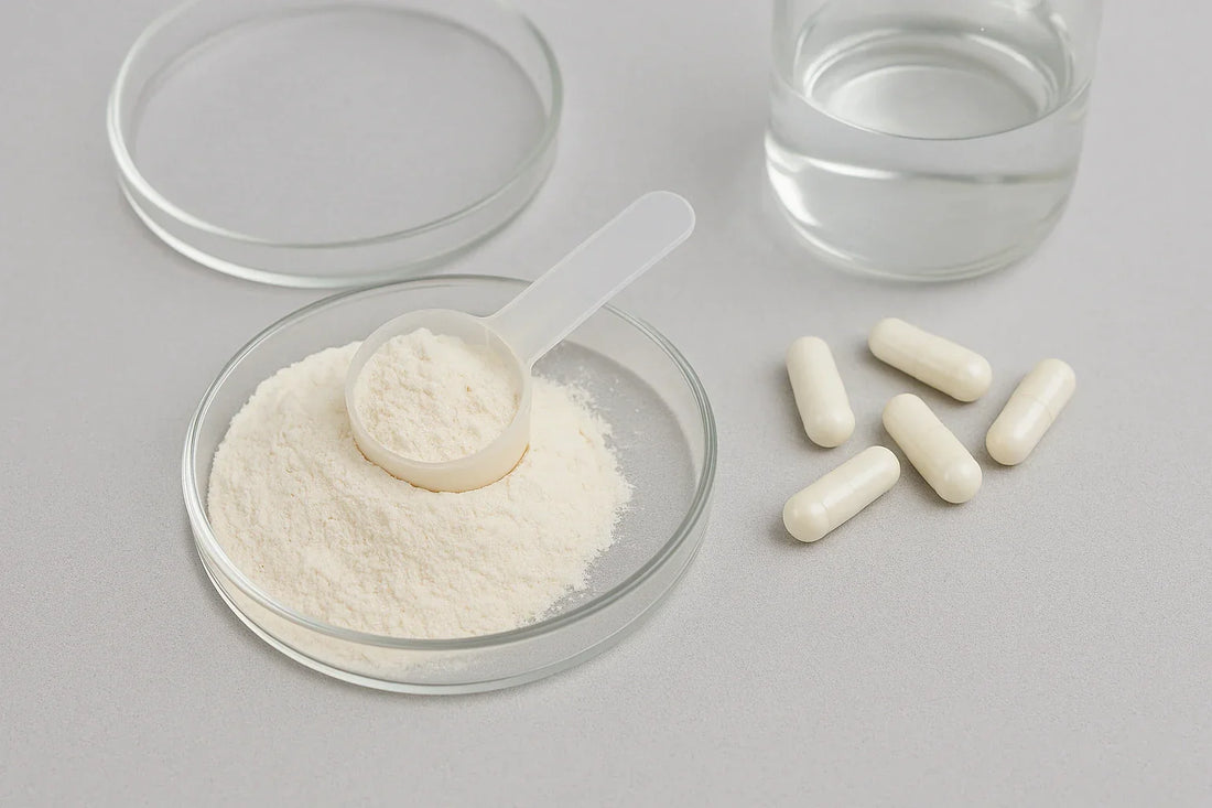 Choline Bitartrate crystalline powder in petri dish with scoop, supplement capsules, and clear beaker on neutral lab bench.