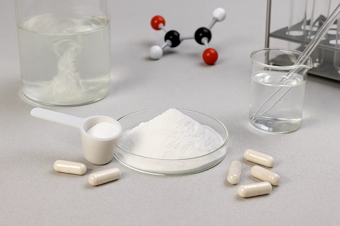 Creatine Monohydrate powder in glass dish with capsules and lab beaker – Ingredients & Science | Maxine’s Burn Malaysia