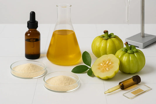 Garcinia cambogia extract with whole and sliced fruit, amber dropper bottle, golden liquid in flask, and powdered extract in petri dishes on a lab bench – Ingredients & Science | Maxine’s Burn Malaysia