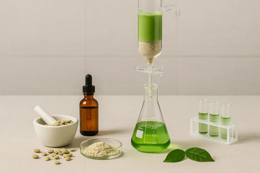 Green coffee bean extract prepared via percolation column dripping into a flask, with unroasted green coffee beans, coffee leaves, and test tubes of green fractions on a neutral lab bench – Ingredients & Science | Maxine’s Burn Malaysia