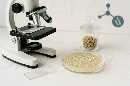 Probiotic LactoSpore (Bacillus coagulans) represented by agar plate with round colonies beside a microscope and sealed jar of spore beads on a neutral lab bench – Ingredients & Science | Maxine’s Burn Malaysia