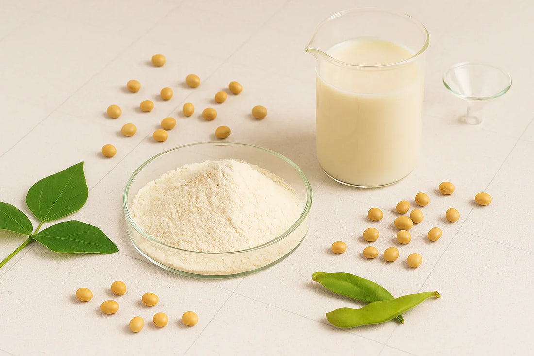 Soy protein isolate powder in a glass petri dish with soybeans, green leaf, pods and a beaker of soy milk on a neutral lab backdrop – Ingredients & Science | Maxine’s Burn Malaysia