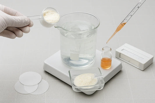 Whey protein isolate powder poured into a beaker with a magnetic-stirrer vortex, ultrafiltration membranes and cassette on a neutral lab bench – Ingredients & Science | Maxine’s Burn Malaysia