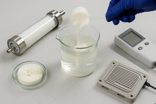 Whey protein isolate powder poured into a beaker with a magnetic-stirrer vortex, ultrafiltration membranes and cassette on a neutral lab bench – Ingredients & Science | Maxine’s Burn Malaysia