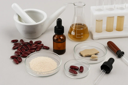 Laboratory setup with kidney beans, powdered extract in petri dish, amber dropper bottle, test tubes, and beaker of liquid extract.