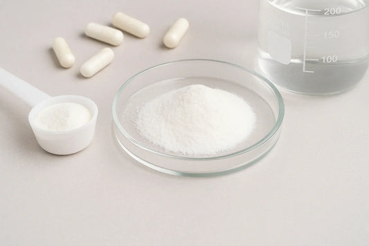 L-Carnitine white crystalline powder in petri dish with scoop, capsules, and glass beaker of clear solution on lab bench.