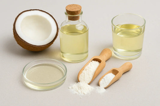 Coconut half, glass beakers of MCT oil, petri dish with clear oil, and scoops of white MCT powder on a neutral lab surface.
