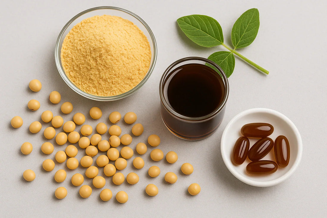Soy lecithin in powder, liquid, and capsule forms with raw soybeans and leaves.