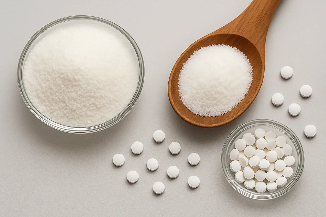 Sucralose in crystalline and tablet forms on a neutral background.