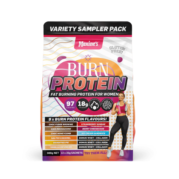 Maxine's Burn Protein Variety Sampler Pack – 12 x 25g Sachets featuring 9 flavors, gluten-free, high protein, and low-calorie fat-burning formula for women.