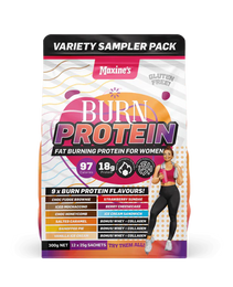 Maxine's Burn Protein Variety Sampler Pack – 12 x 25g Sachets featuring 9 flavors, gluten-free, high protein, and low-calorie fat-burning formula for women.