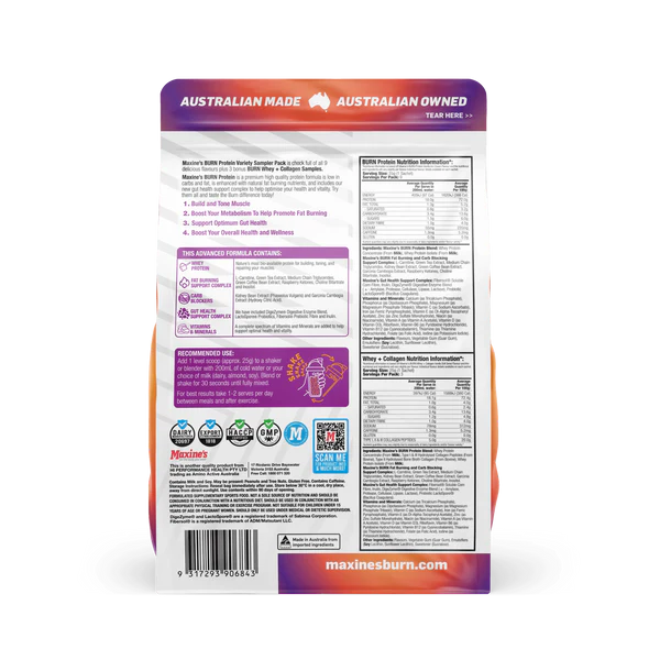 Maxine's Burn Protein Variety Sampler Pack – Nutritional facts, ingredients, and fat-burning protein formula details for optimal health and wellness.