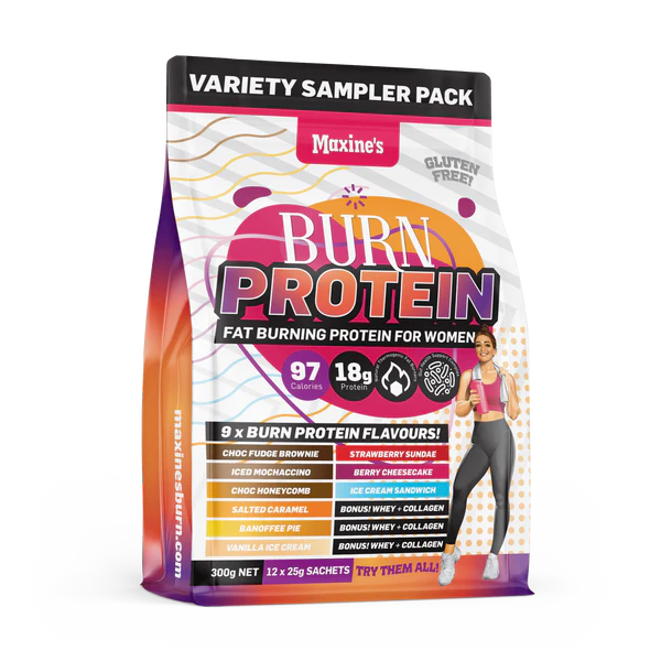 Maxine's Burn Protein Variety Sampler Pack – Fat-burning protein for women, high-protein, gluten-free, with 9 delicious flavors in a convenient variety pack.