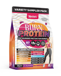 Maxine's Burn Protein Variety Sampler Pack – Fat-burning protein for women, high-protein, gluten-free, with 9 delicious flavors in a convenient variety pack.